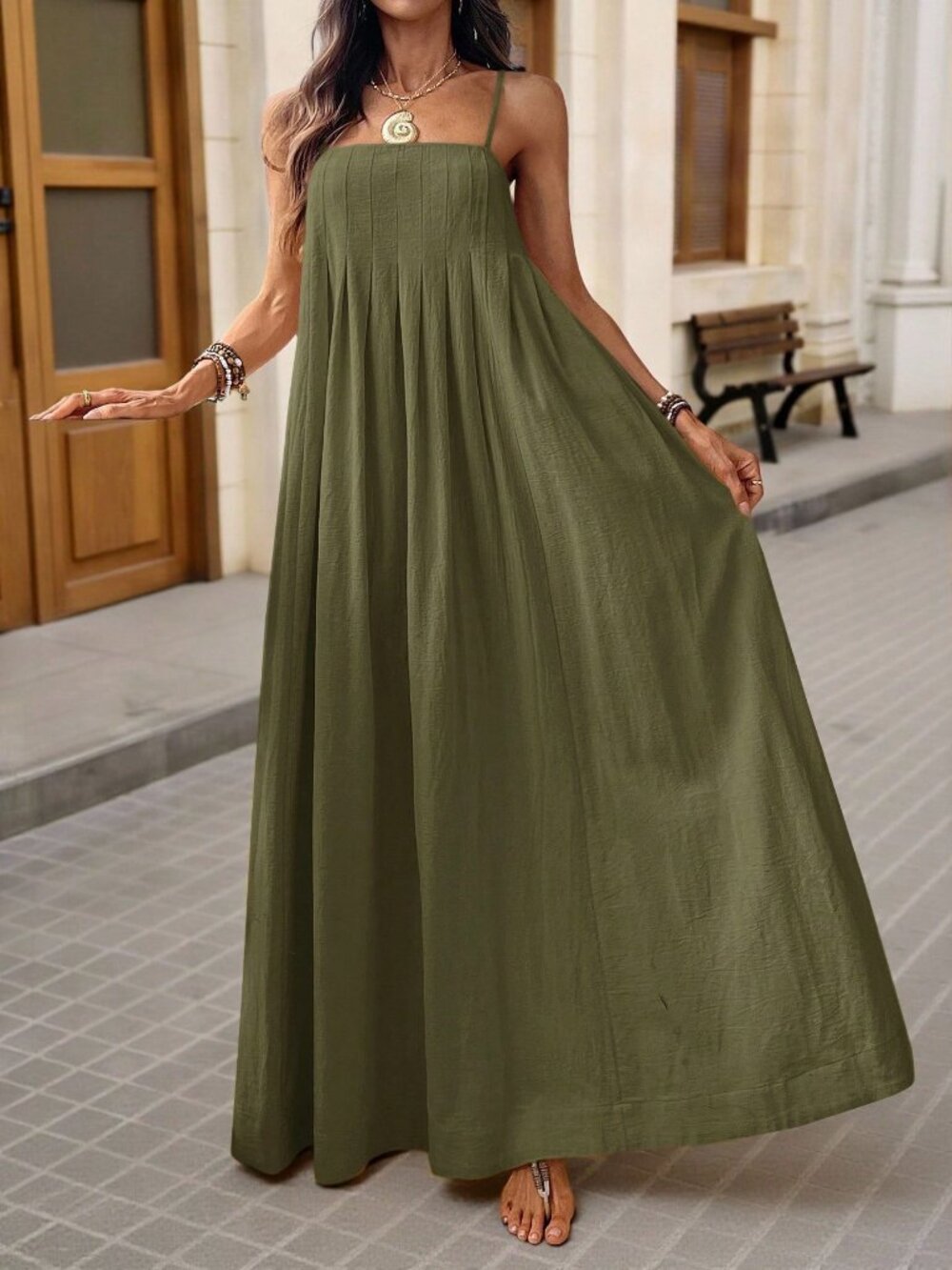 Green Casual Women's square neckline Loose maxi Dress - Picture 3 of 7